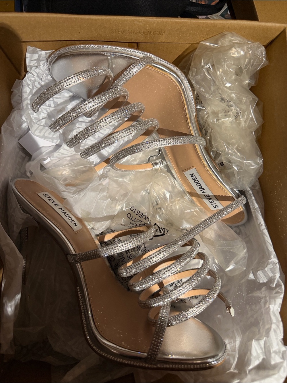 Steve Madden Silver Rhinestone Spiral-Strap Heeled Sandals—brand new, never used